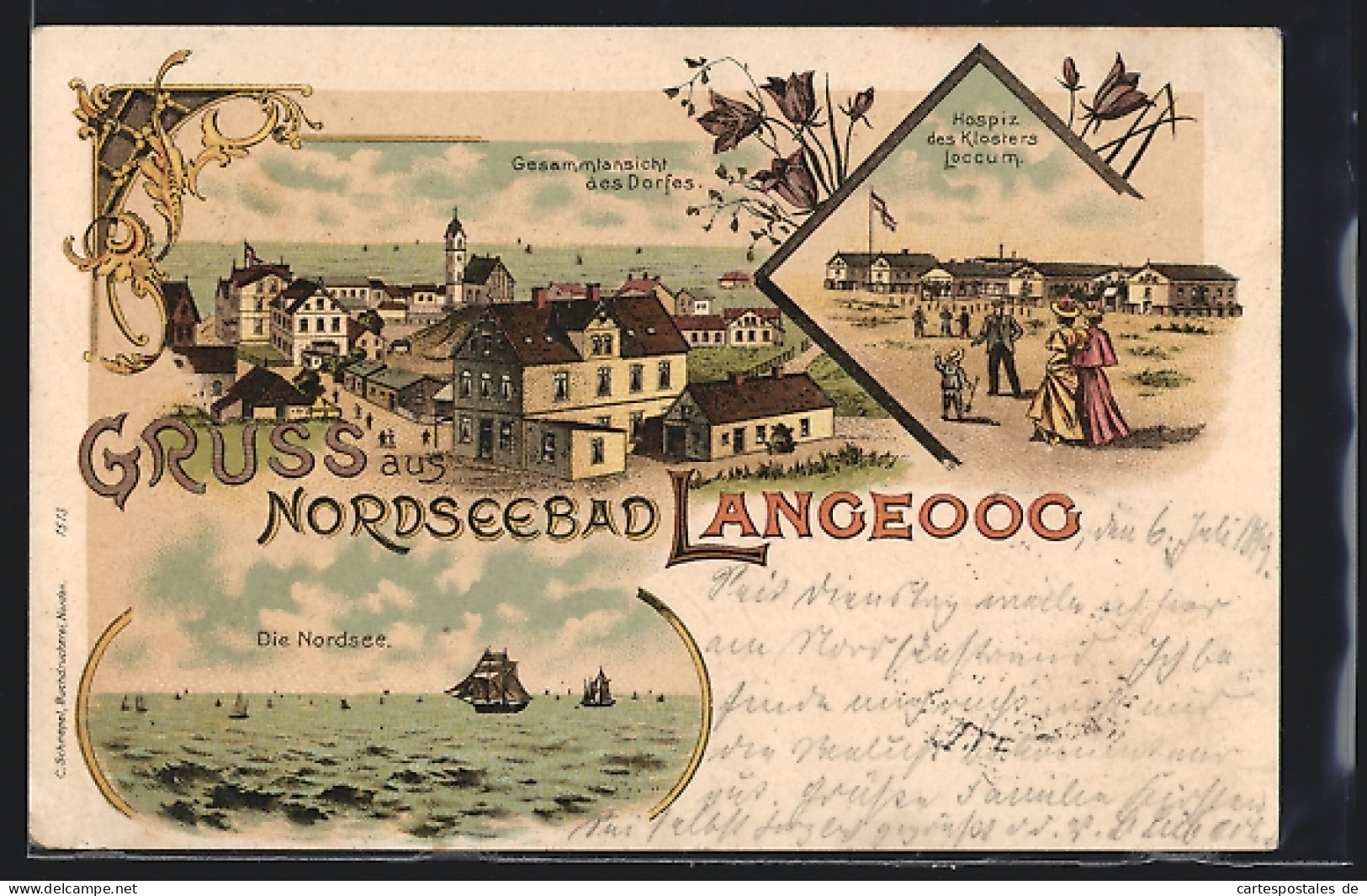 Lithographie Langeoog, Nordseebad, Gesamtansicht Des Dorfes, Hospiz Des Klosters Loccum, Die Nordsee  - Langeoog