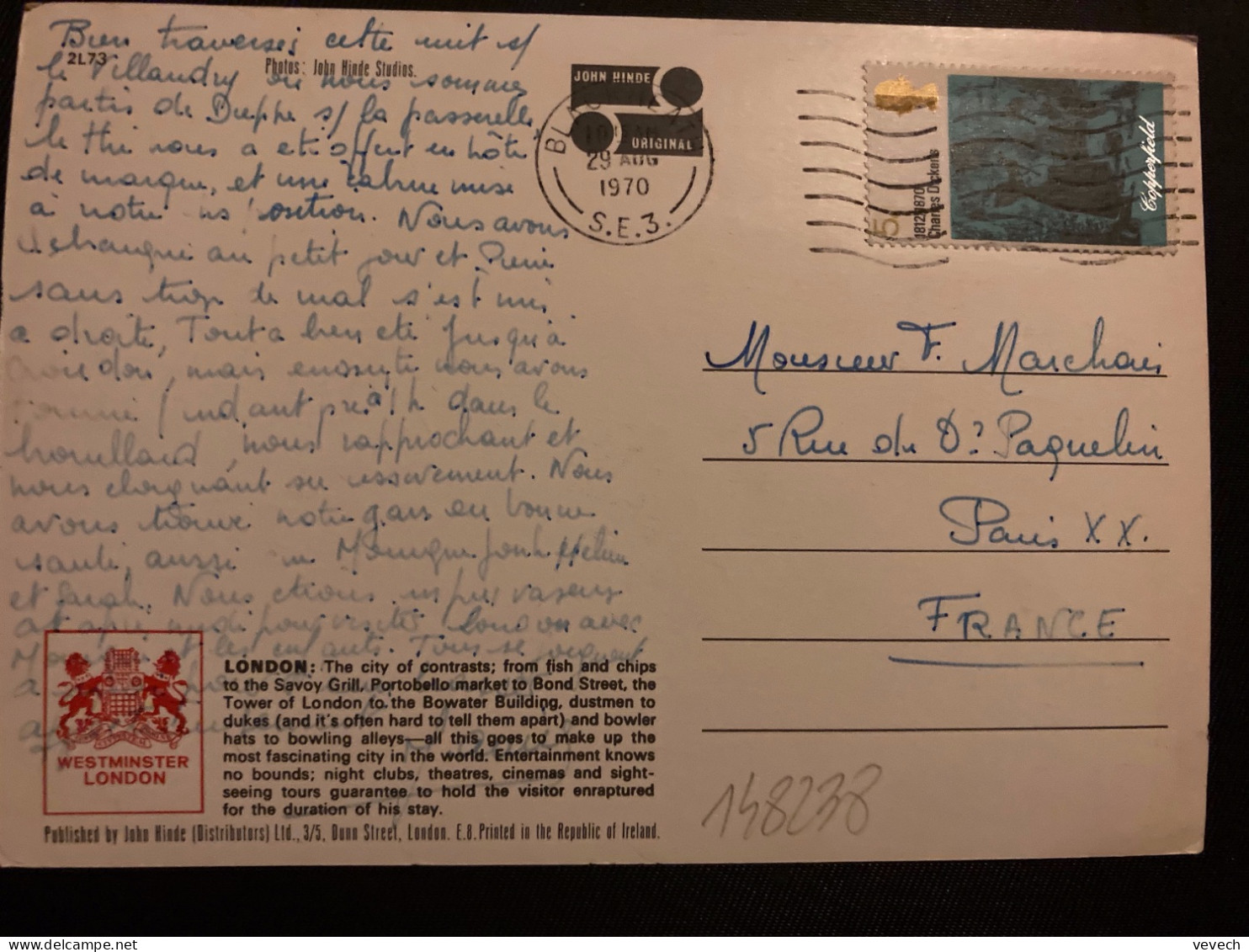 CP Pour La FRANCE TP CHARLES DICKENS 5d OBL.MEC.29 AUG 1970 BLACKHEATH - Briefe U. Dokumente