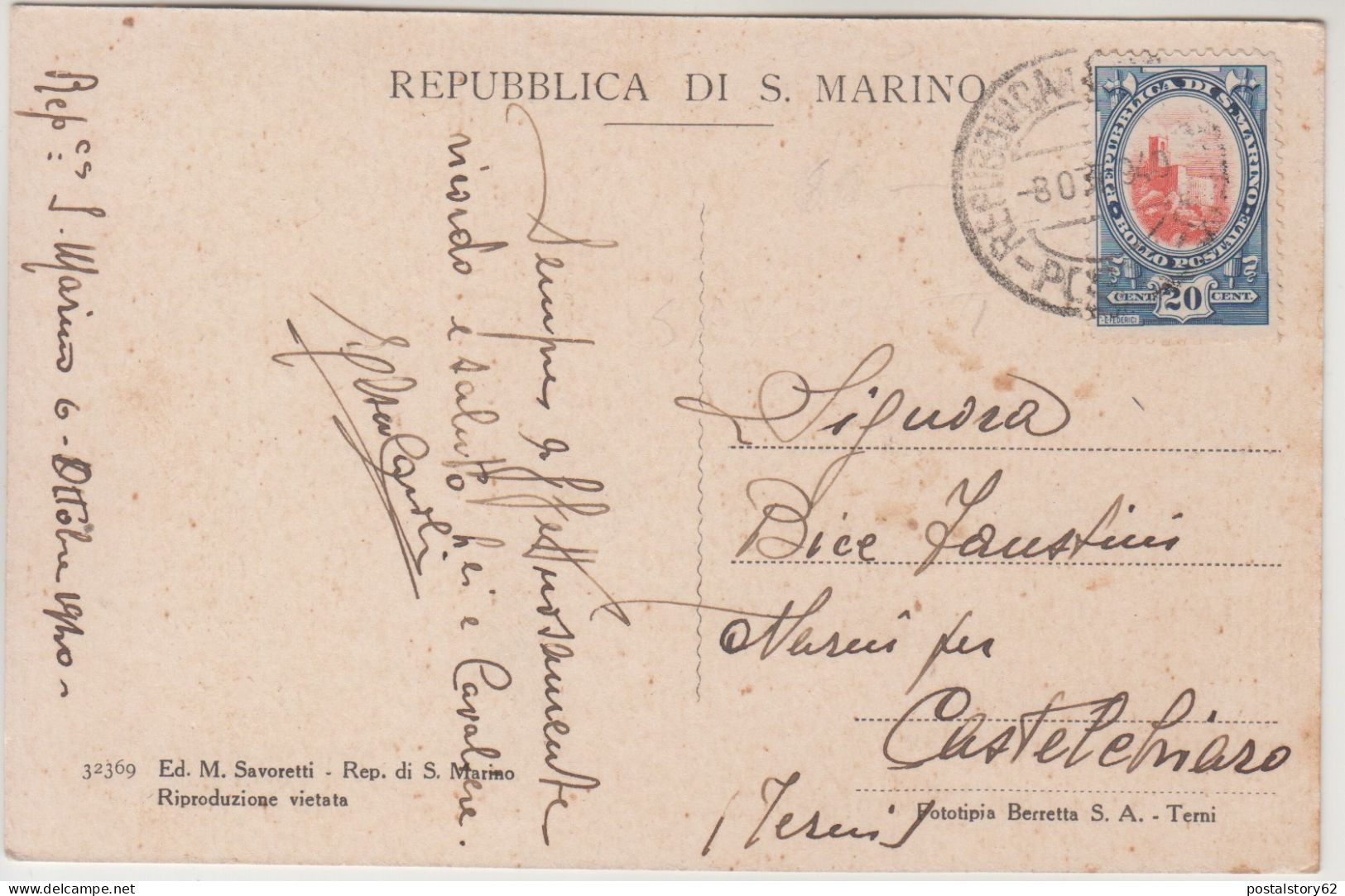 Repubblica Di San Marino - S. Marino Che Rialza La Repubblica Dopo L' Occupazione Alberoniana ( 1739 ) Viaggiata 1940 - San Marino