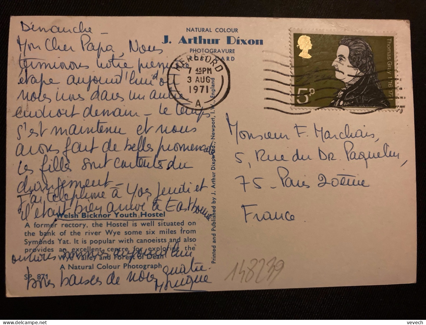 CP Pour La FRANCE TP THOMAS GRAY 5p OBL.MEC.3 AUG 1971 HEREFORD - Storia Postale