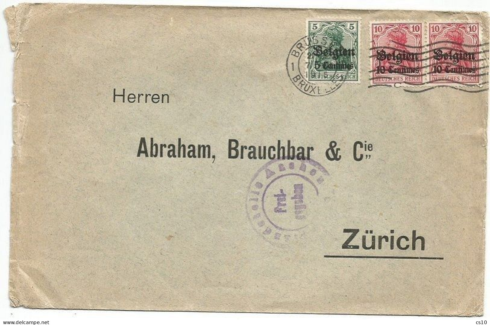 1914/15 German Occupation Belgium In World War 1 Postal History #2 Covers With Multi Frankings "BELGIEN" From Brussels - OC38/54 Occupation Belge En Allemagne