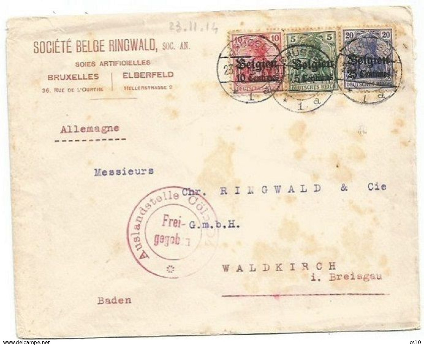 1914/15 German Occupation Belgium In World War 1 Postal History #2 Covers With Multi Frankings "BELGIEN" From Brussels - OC38/54 Occupazione Belga In Germania