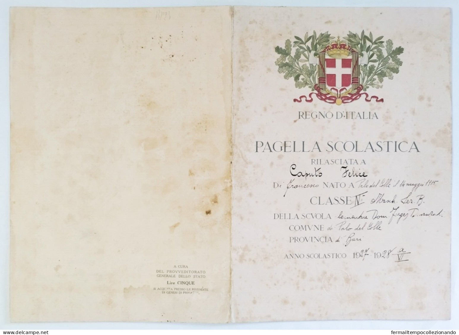 Bp73 Pagella Fascista Opera Balilla Regno D'italia  Palo Del Colle Bari - Diploma & School Reports