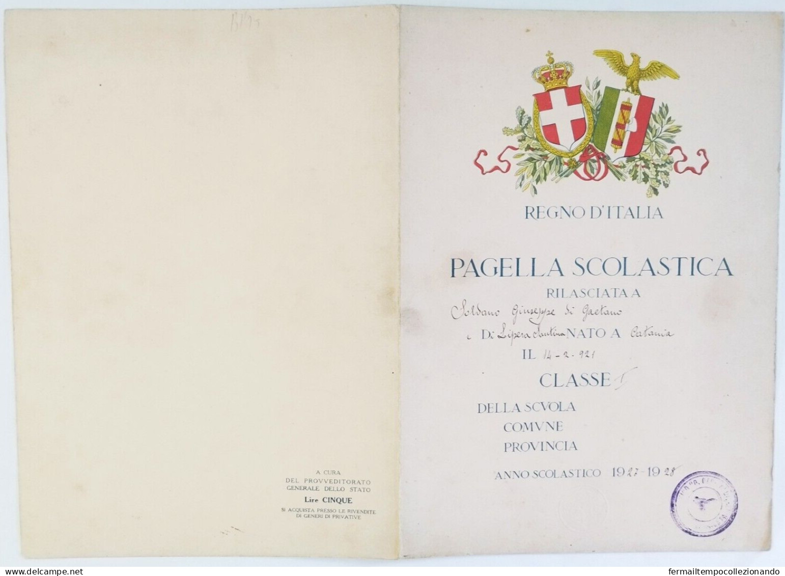 Bp75 Pagella Fascista Opera Balilla Regno D'italia  Catania 1921 - Diplome Und Schulzeugnisse