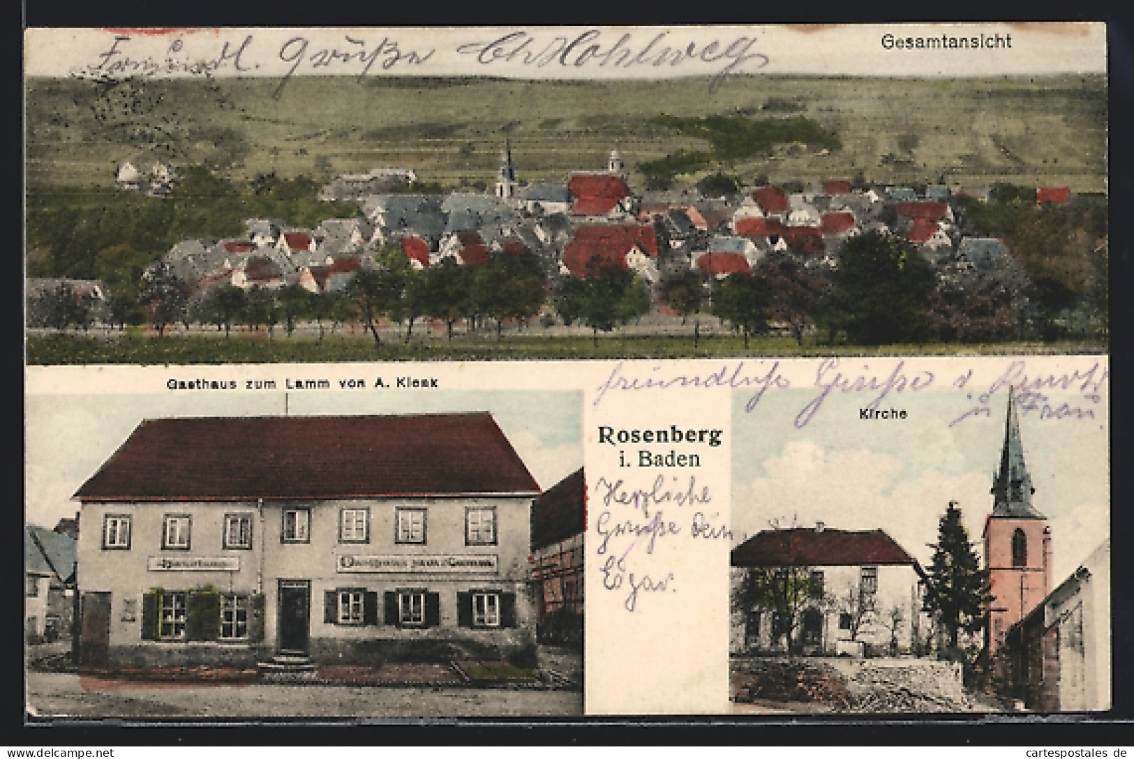 AK Rosenberg I. Baden, Gasthaus Zum Lamm Von A. Klenk, Kirche, Gesamtansicht  - Baden-Baden