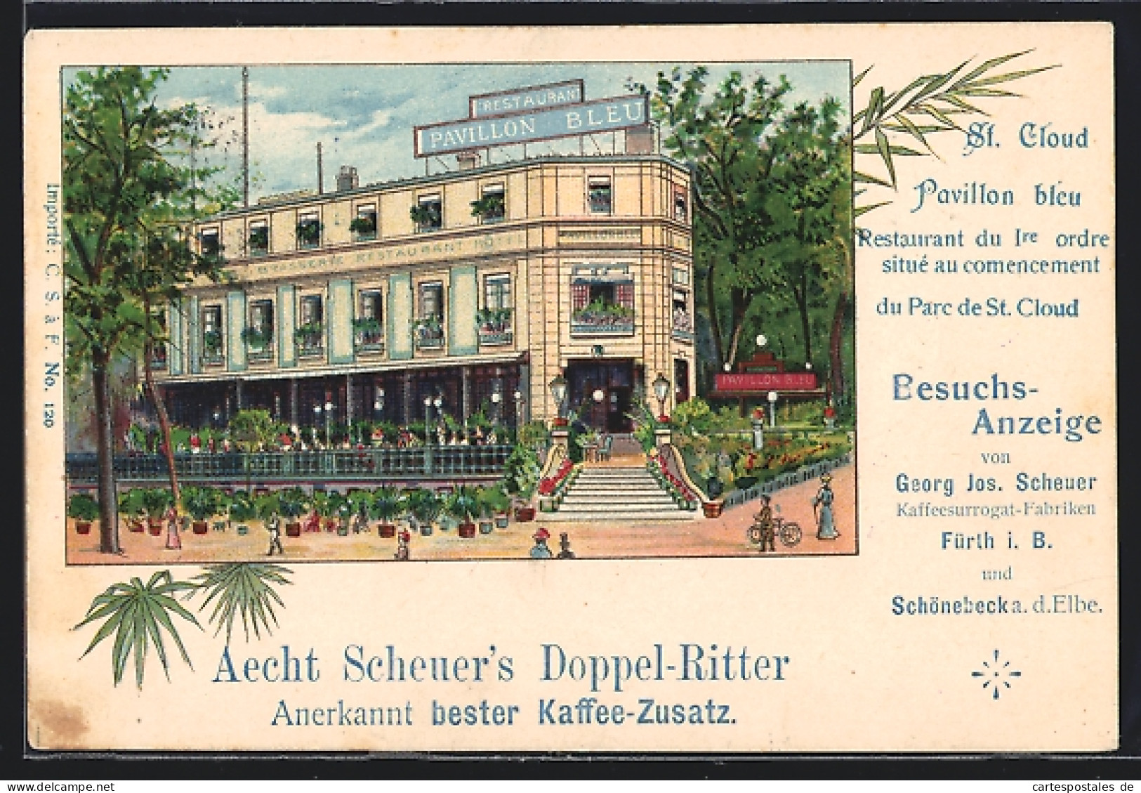 Lithographie Fürth I. B., Restaurant Pavillon Bleu, Reklame Für Aecht Scheuer`s Doppel-Ritter Kaffee-Zusatz  - Fürth