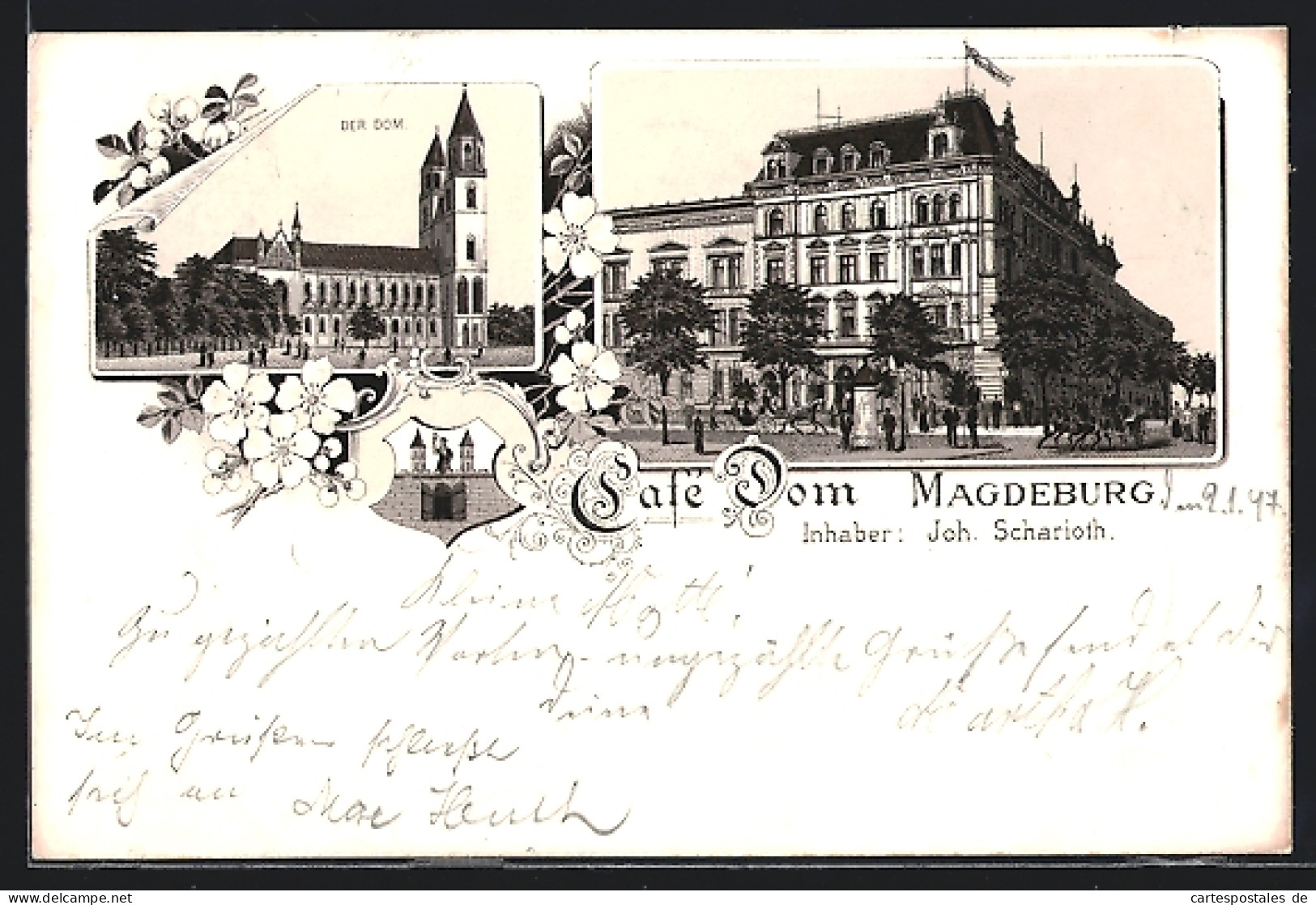 Lithographie Magdeburg, Cafe Dom, Der Dom, Wappen  - Magdeburg