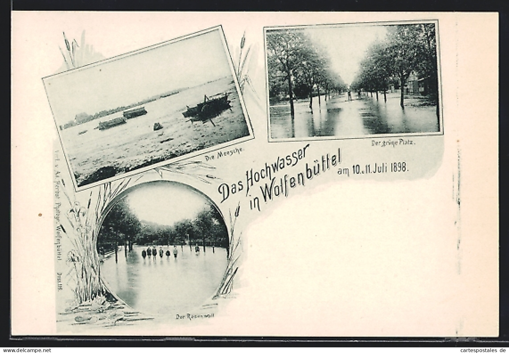AK Wolfenbüttel, Hochwasser 1898, Die Meesche, Der Grüne Platz, Der Rosenwall  - Overstromingen