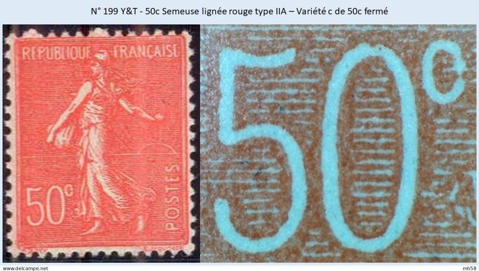 FRANCE - Variété C De 50c Fermé Neuf ** - N° 199 50c Semeuse Lignée Rouge Type IIA - 1903-60 Semeuse A Righe