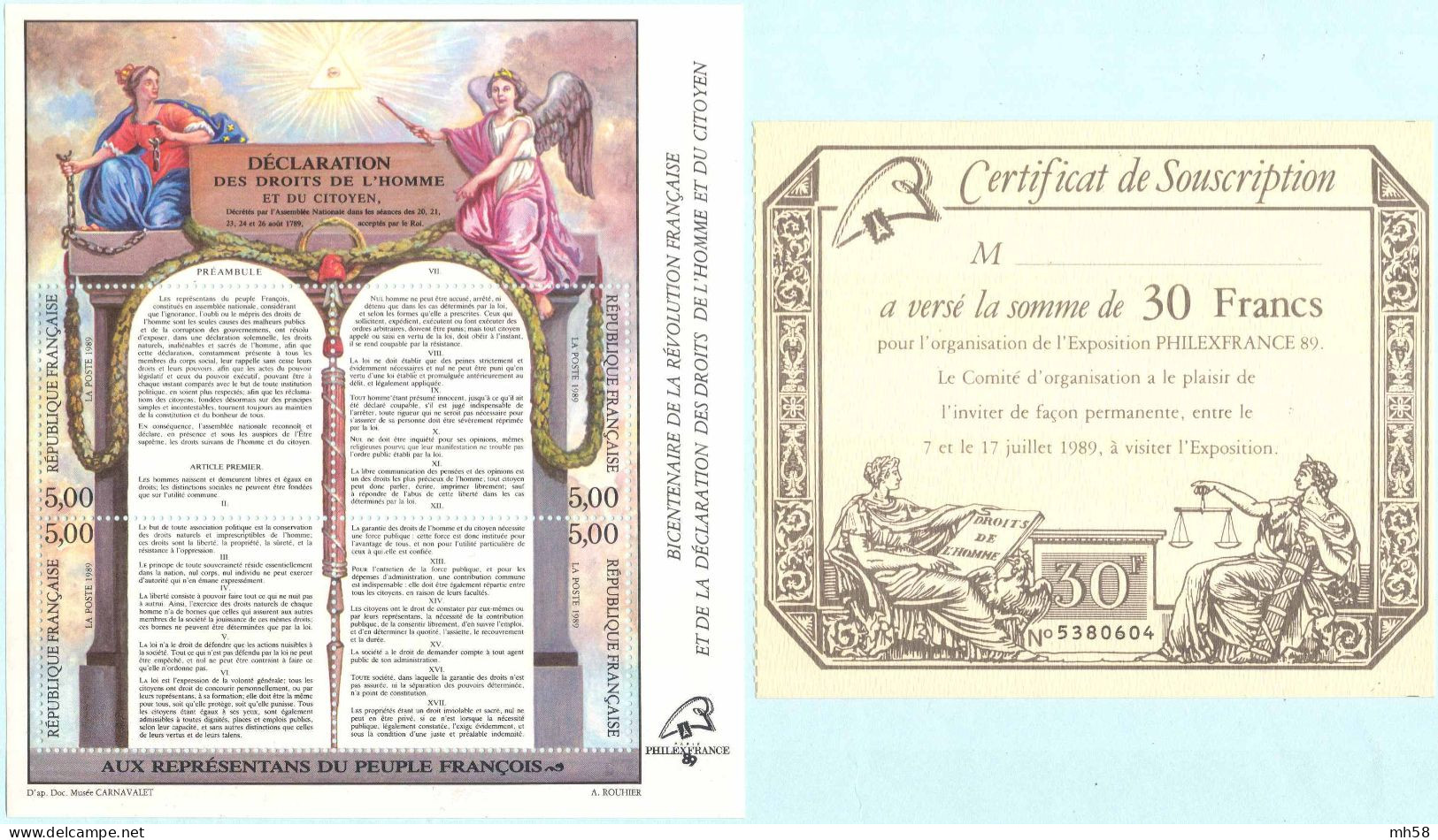FRANCE 1989 - Bloc N° 11 Neuf ** Avec Certificat Souscription - Bicentenaire Révolution Déclaration Droits Homme Citoyen - Neufs