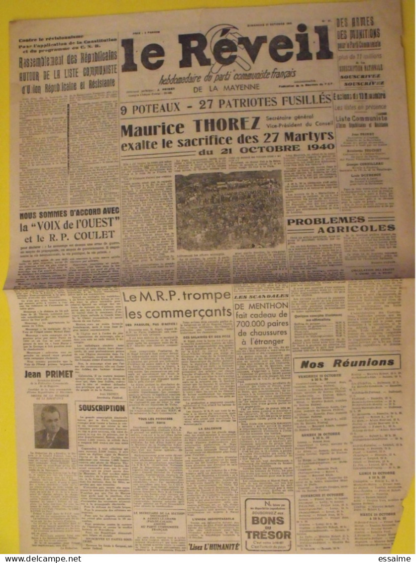 Le Réveil. Hebdo Du Parti Communiste De La Mayenne. Laval. N° 97 Du 27 Octobre 1946; Thorez Primet - Pays De Loire