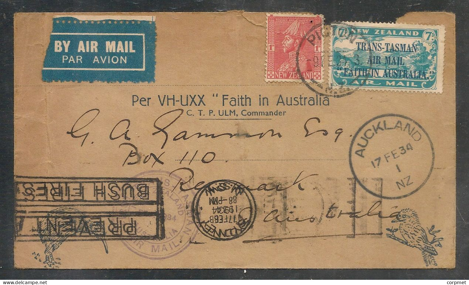 - NEW ZEALAND 17 Feb 1934 PICTON To AUKLAND-Sydney Return Trans Tasman Flight VH-UXX Faith In Australia -special Cachet - Corréo Aéreo