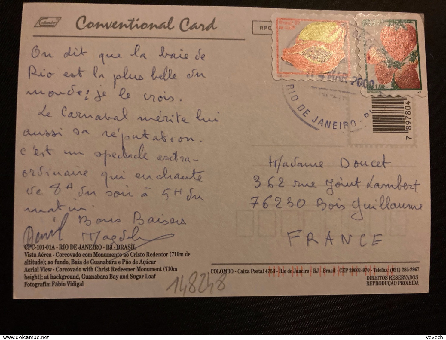 CP Pour La FRANCE TP FRAISES RS 1.00 + MAMAO RS 0,05 OBL. BLEUE 14 MAR 2000 RIO DE JANEIRO - Cartas & Documentos