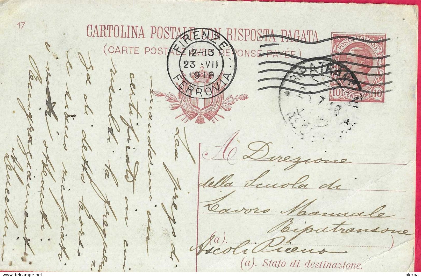 INTERO CARTOLINA POSTALE LEONI C.10 (DOMANDA) (INT. 38/17 D) DA FIRENZE*23.VII.1918* PER RIPATRANSONE - Poststempel