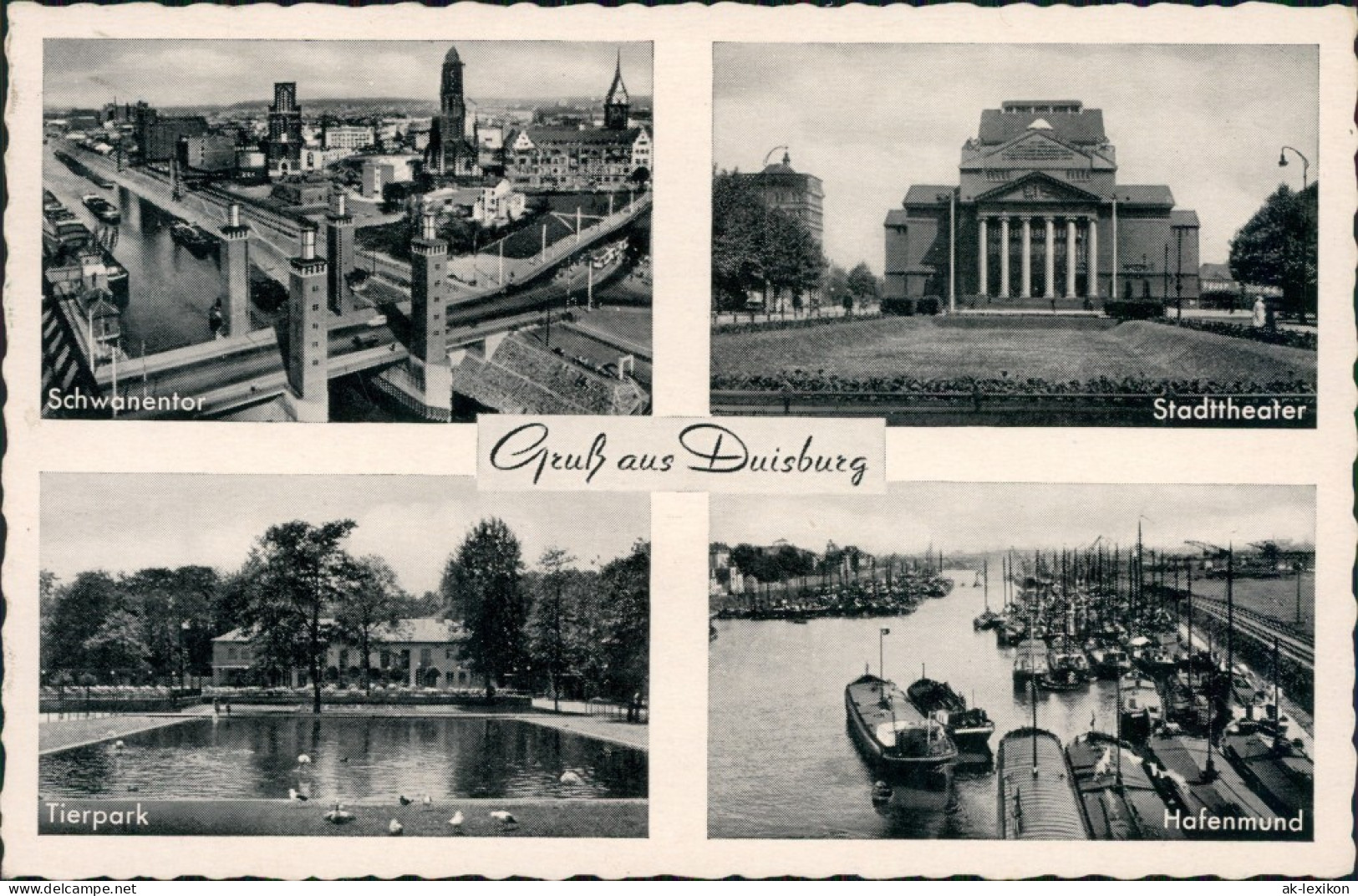 Ansichtskarte Duisburg Schwanentor, Stadttheater, Tierpark, Hafenmund 1956 - Duisburg