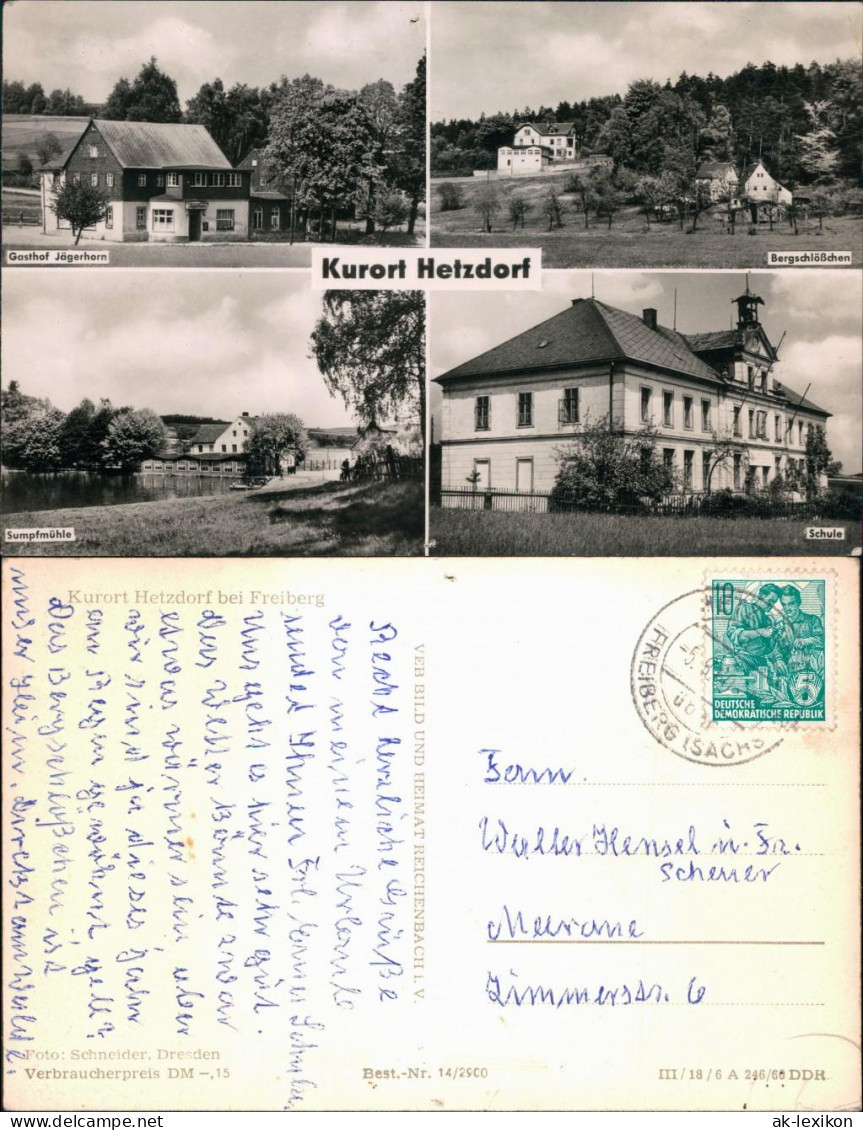 Hetzdorf-Halsbrücke Gasthof Jägerhorn, Bergschlößchen, Sumpfmühle, Schule 1960 - Hetzdorf