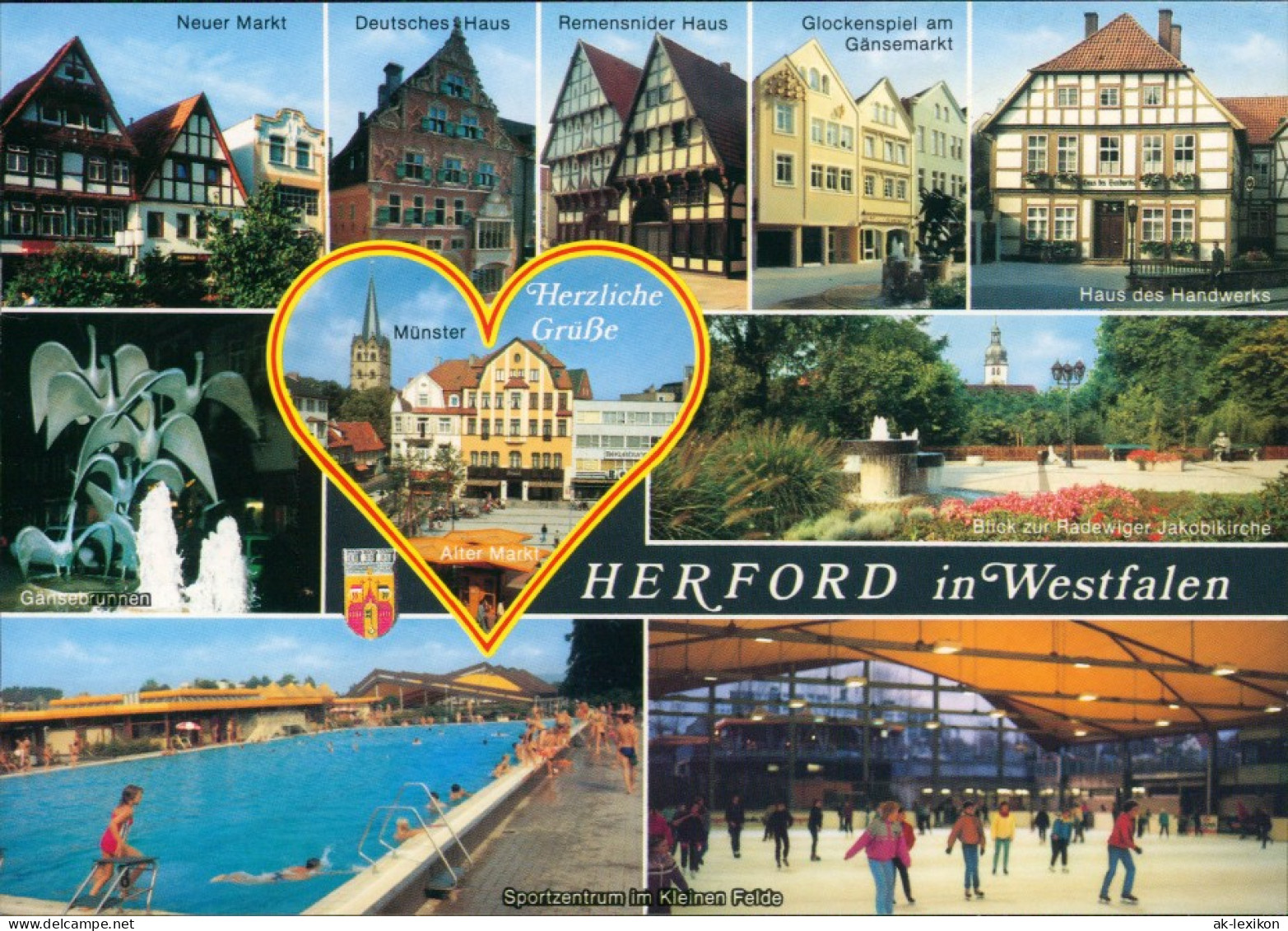 Ansichtskarte Herford Neuer Markt, Münster, Freibad, Gänsebrunnen 1995 - Herford