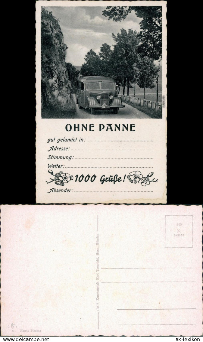 Ansichtskarte  Omnibus - Reisebus, Ohne Panne 1938  - Busse & Reisebusse