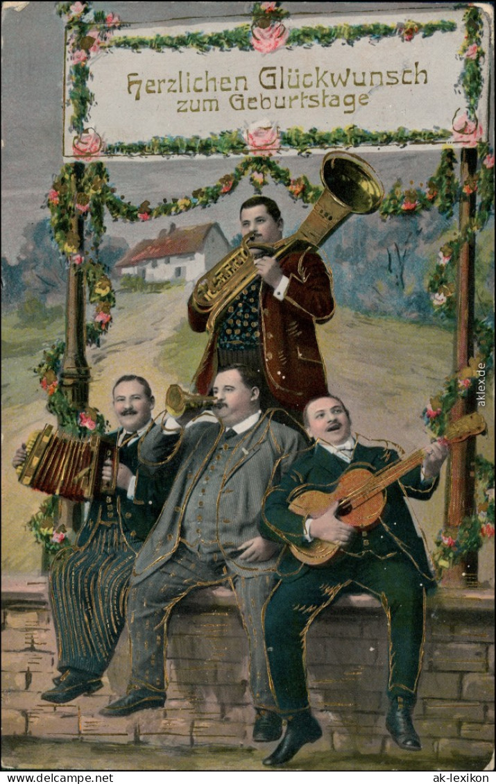 Ansichtskarte  Geburtstag: Goldrand-Prägekarte - Musikanten 1912 Goldrand - Anniversaire