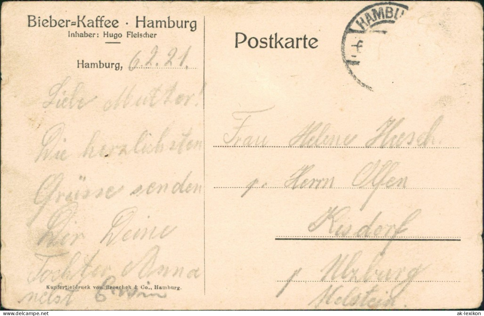 Ansichtskarte Altona-Hamburg Bieber Kaffee - Aufgang Zum Wintergarten 1921 - Altona