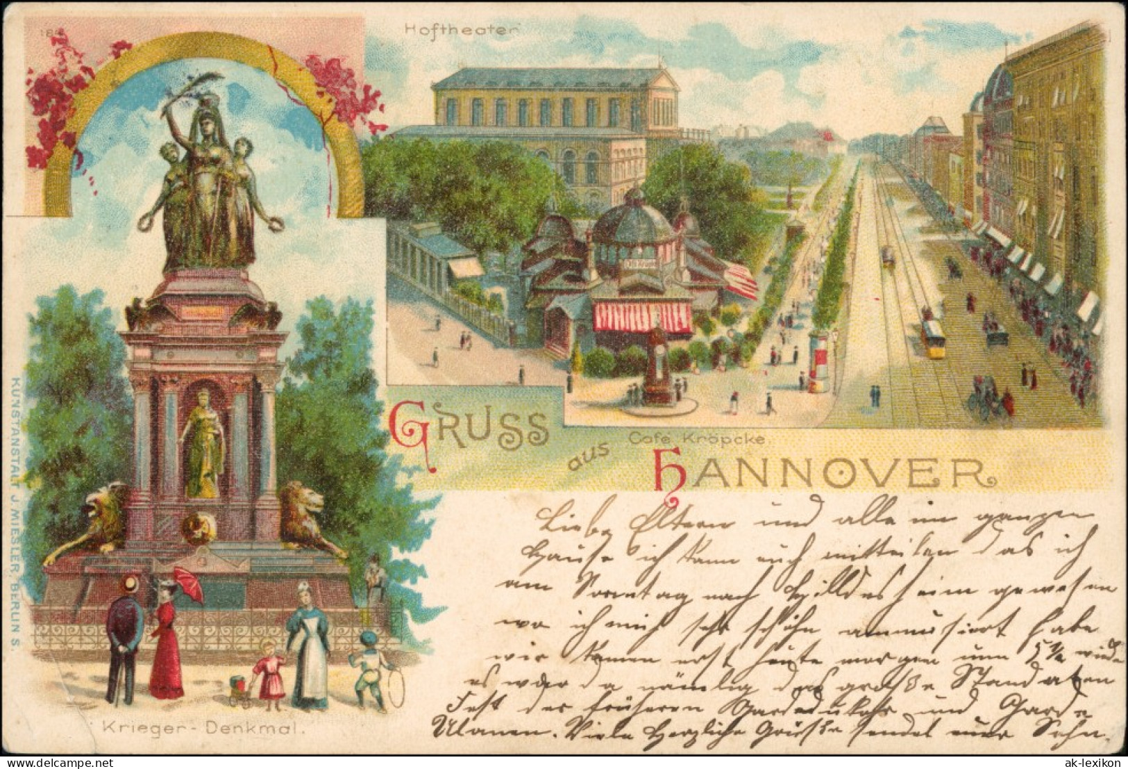 Litho Hannover Kriegerdenkmal, Hoftheater, Café Kröpcke 1902 - Hannover