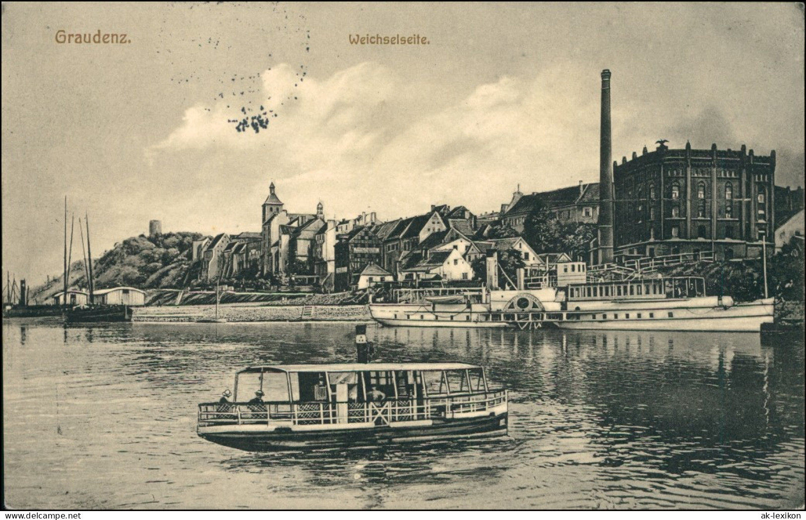 Postcard Graudenz Grudzi&#261;dz Fähre, Dampfer, Fabriken 1915  - Pologne