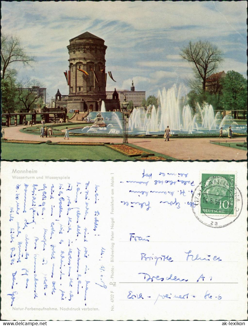 Ansichtskarte Mannheim Wasserturm - Fahnen, Wasserspiele 1959 - Mannheim