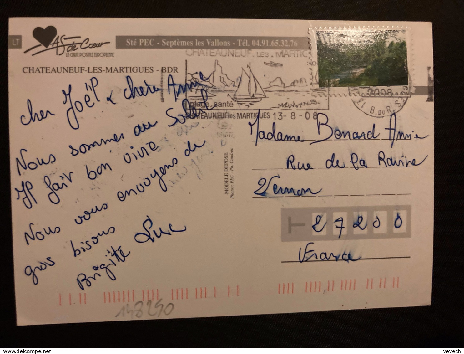 CP TP VACANCES LETTRE PRIORITAIRE 20g OBL.MEC.13-8 2008 13 CHATEAUNEUF LES MARTIGUES - Lettres & Documents