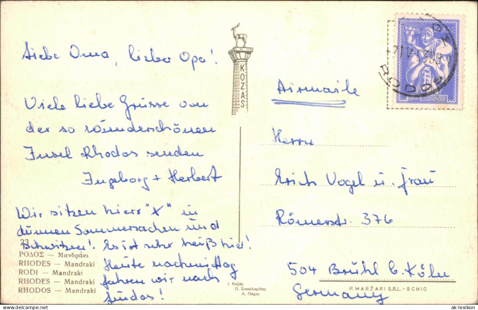 Postcard Rhodos Stadt Mandraki 1963 - Grèce