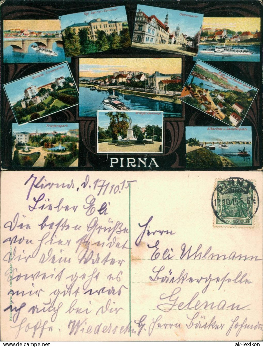Ansichtskarte Pirna Brücke, Obermarkt, Dampfer, Friedenspark 1915 - Pirna