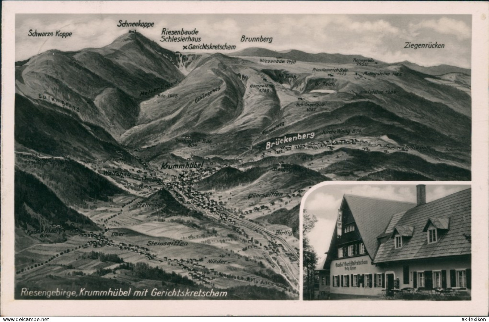 Krummhübel Karpacz 2 Bild Landkarten AK U.. Gerichtskretscham 1935  - Schlesien