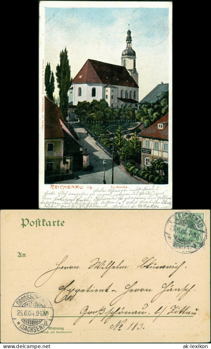 Postcard Reichenau In Sachsen Bogatynia Kirche Und Straße 1908 - Schlesien