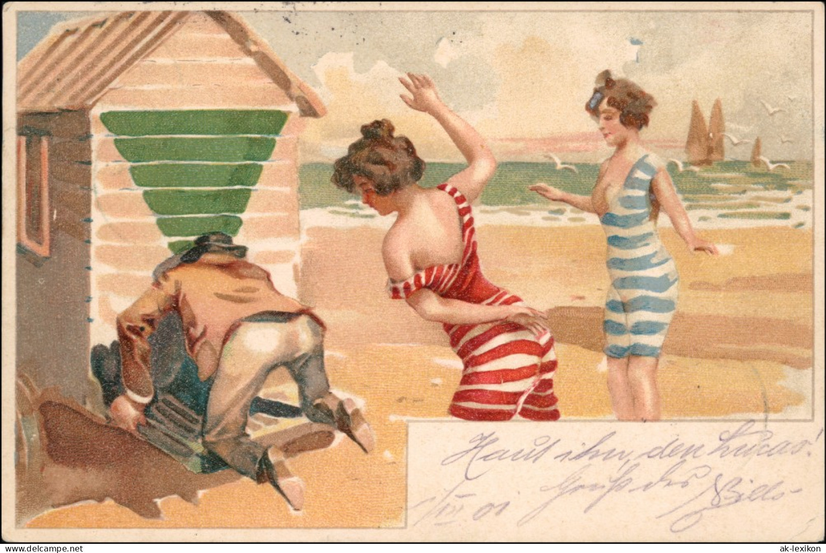 Ansichtskarte  Scherzkarte Frauen Versohlen Mann Am Strand 1901 - Humour