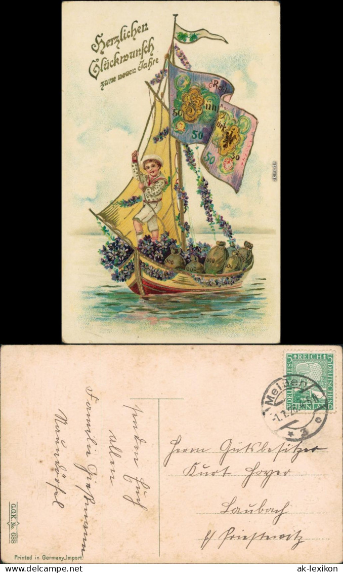  Segelboot - Geldscheinsegel, Junge - Goldrand - Neujahr 1926 Goldrand - New Year