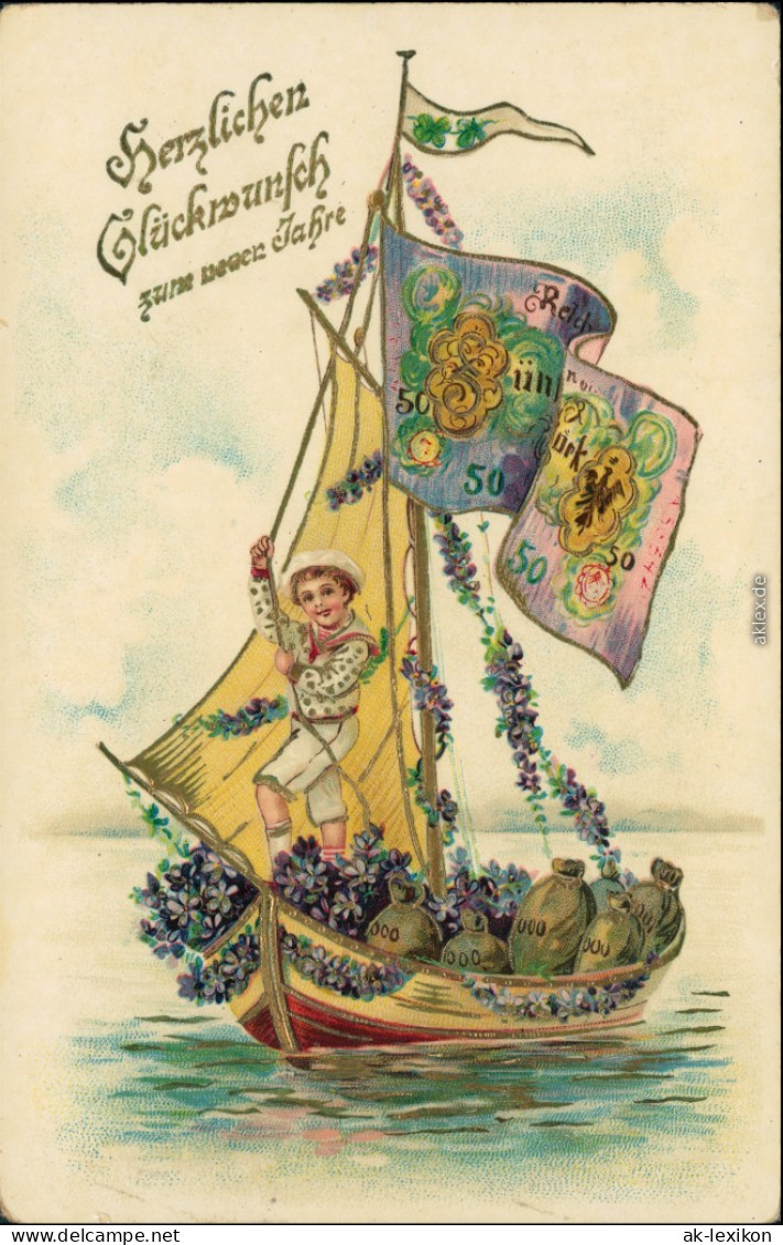 Segelboot - Geldscheinsegel, Junge - Goldrand - Neujahr 1926 Goldrand - New Year