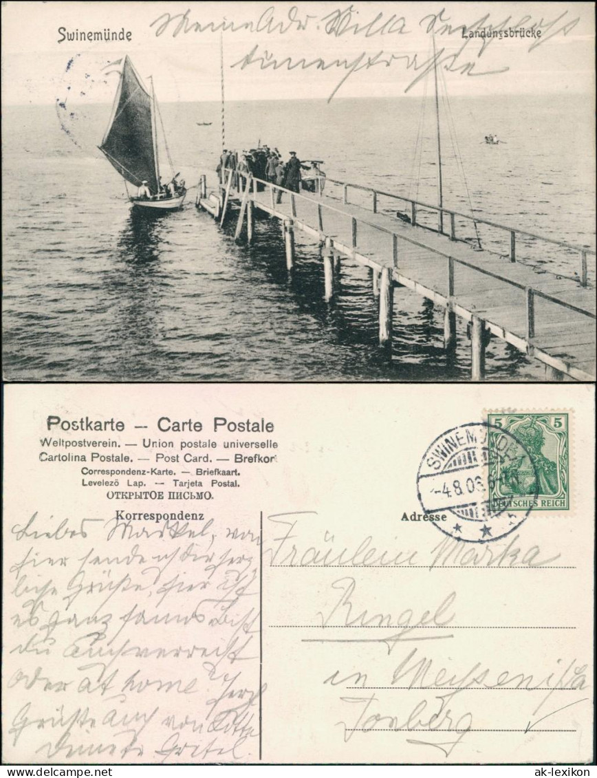 Postcard Swinemünde Świnoujście Segelboot - Landungssteg 1908  - Pommern