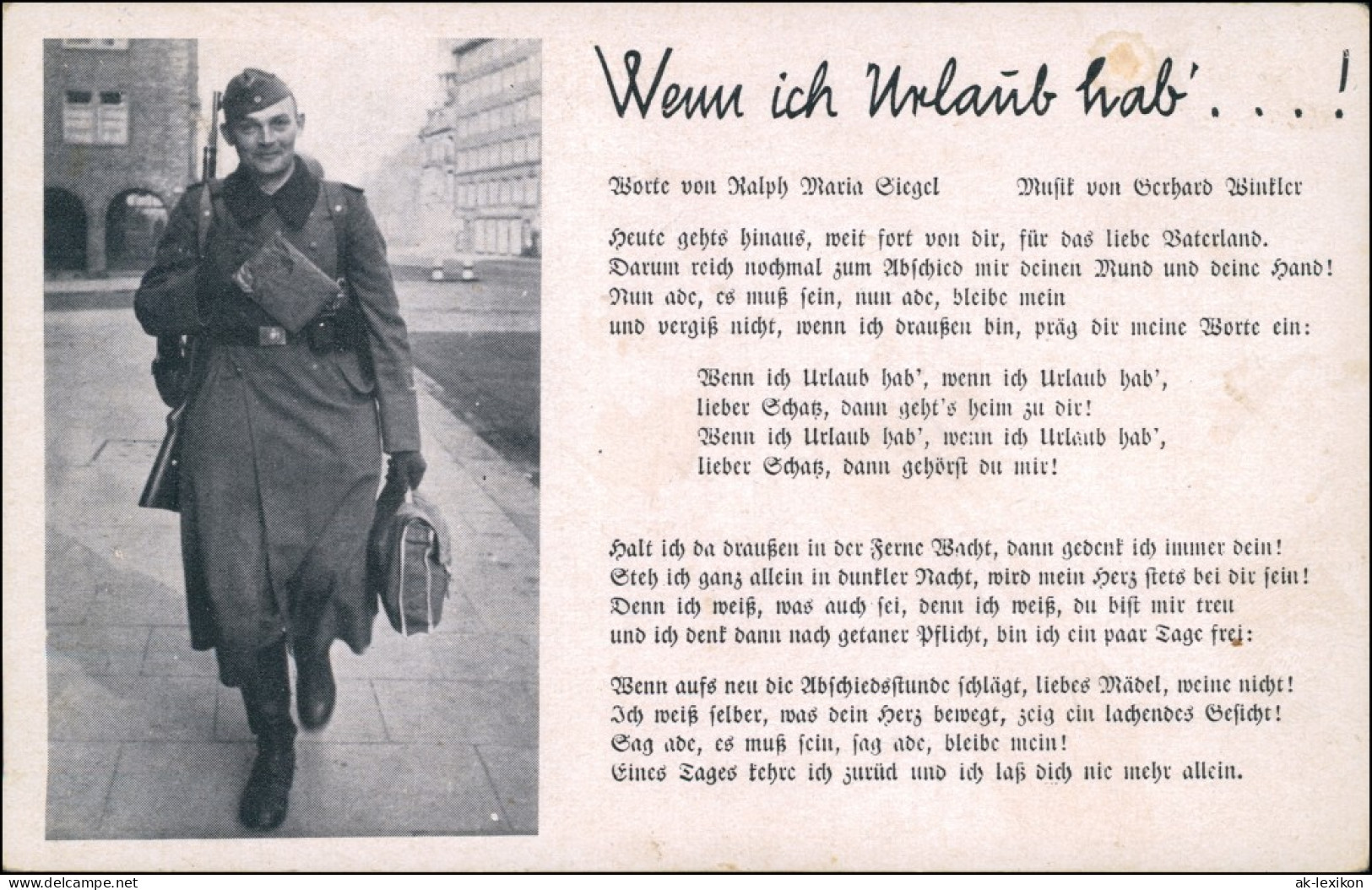 Ansichtskarte  Liedkarte 2. WK Wenn Ich Urlaub Hab 1940  - Weltkrieg 1939-45