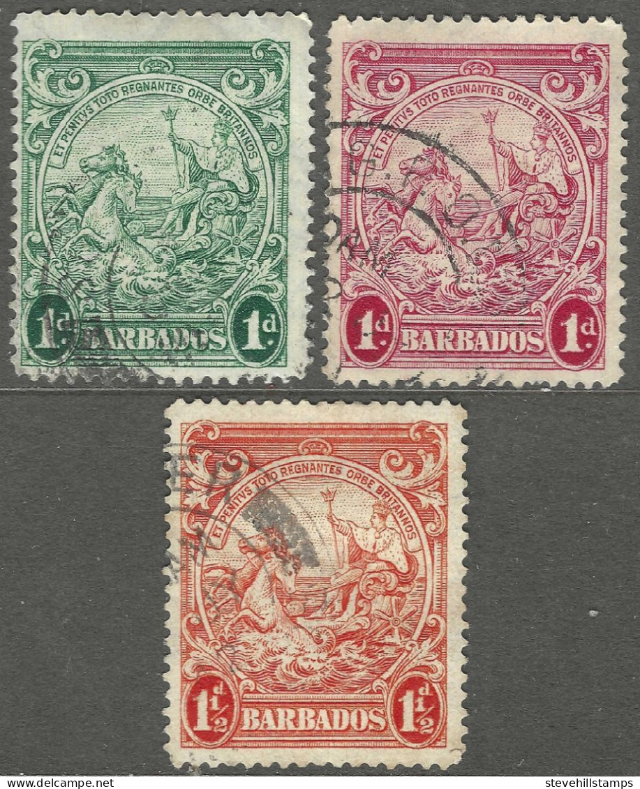 Barbados. 1938-47 Seal Of Colony. P14. 1d Green, 1d Red, 1½d Used.  SG 249a, 249c, 250b. M4084 - Barbados (...-1966)