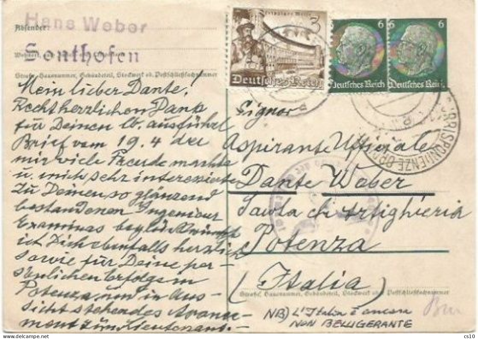 Germany Reich Stationery PSC Pf6+twin + Lleipzig Messe Pf3 Sonthofen 8may1940 X German Cadet In Italy War School Potenza - Postkarten