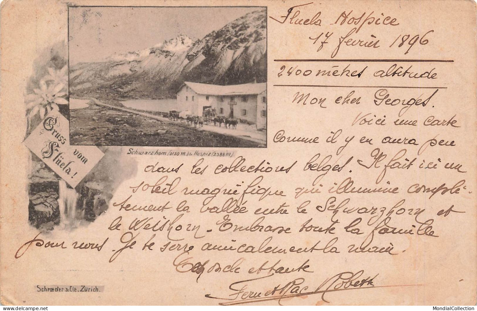 MIKIBP2-018- SUISSE FLUELA HOSPIZ HOSPICE GRUSS VOM FLUELA ANNEE 1896 RARE - Autres & Non Classés