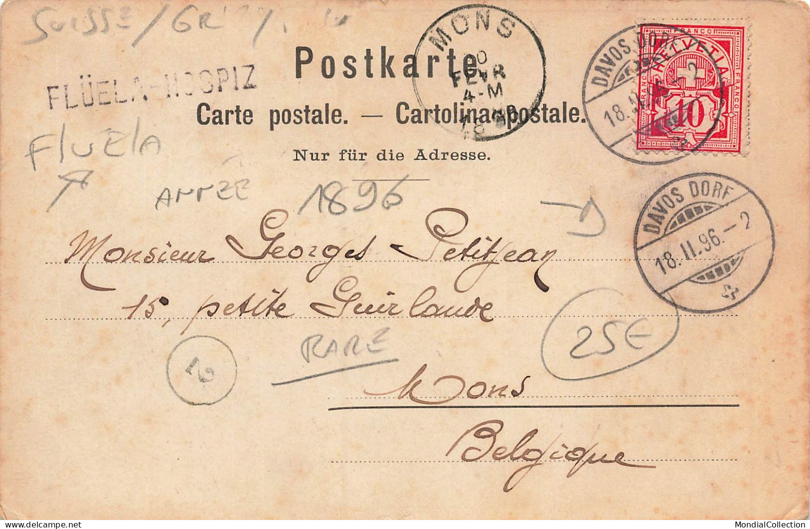 MIKIBP2-018- SUISSE FLUELA HOSPIZ HOSPICE GRUSS VOM FLUELA ANNEE 1896 RARE - Autres & Non Classés