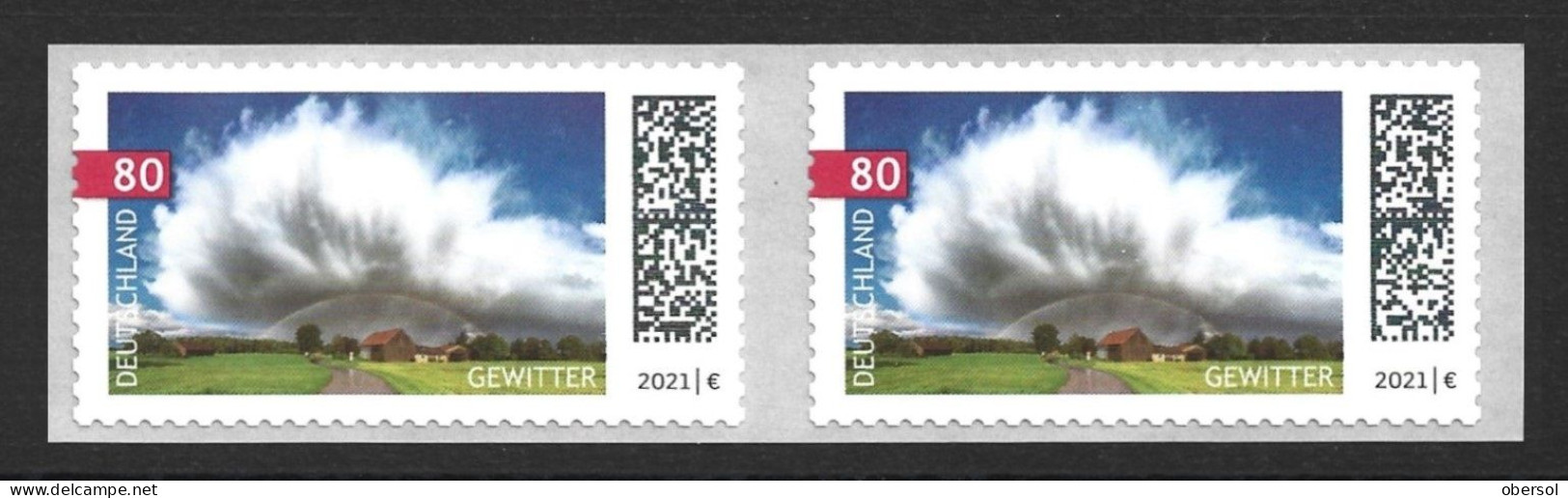 Germany 2021 Atmosferic Events - Storm Thunderstorms Selfadhesive Stamps Pair From Roll MNH (with And Wo Number At Back) - Ungebraucht