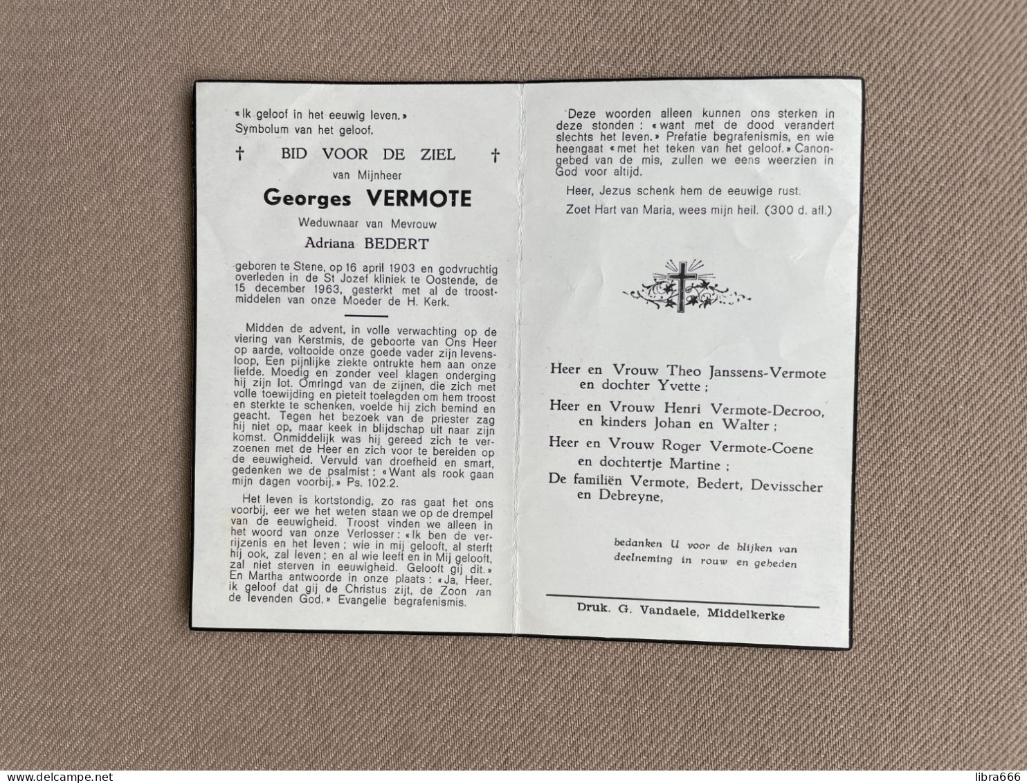 VERMOTE Georges °STENE 1903 +OOSTENDE 1963 - BEDERT - DEVISSCHER - DEBREYNE - JANSSENS - DECROO - COENE - Obituary Notices