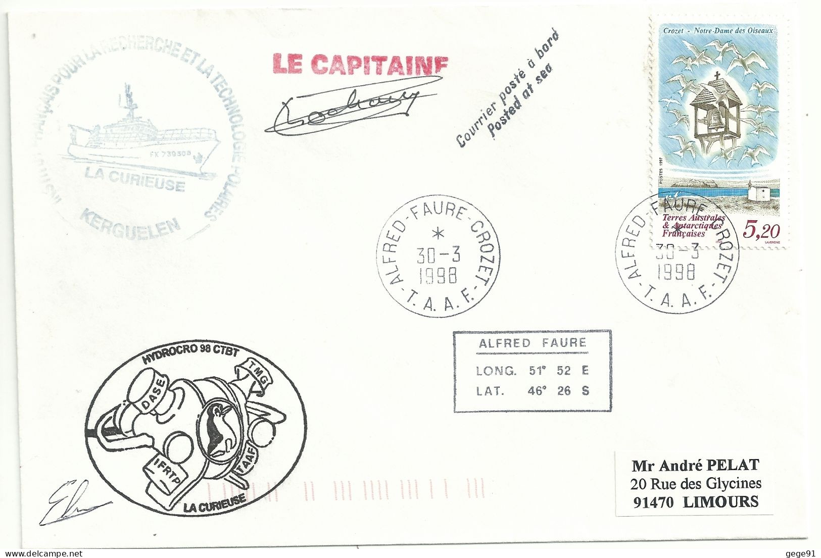 YT 218 Notre Dame Des Oiseaux - Posté à Bord De La Curieuse - Alfred Faure - Crozet - 30/03/1998 - Storia Postale