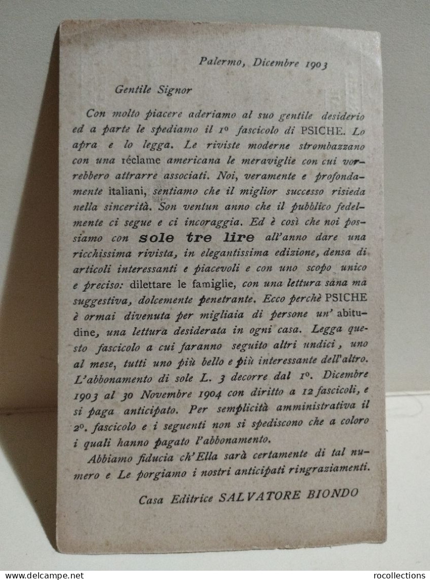 Italia Italia Pubblicitaria Casa Editrice SALVATORE BIONDO Palermo. Psiche Letture Moderne Illustrate 1904 - Publicidad