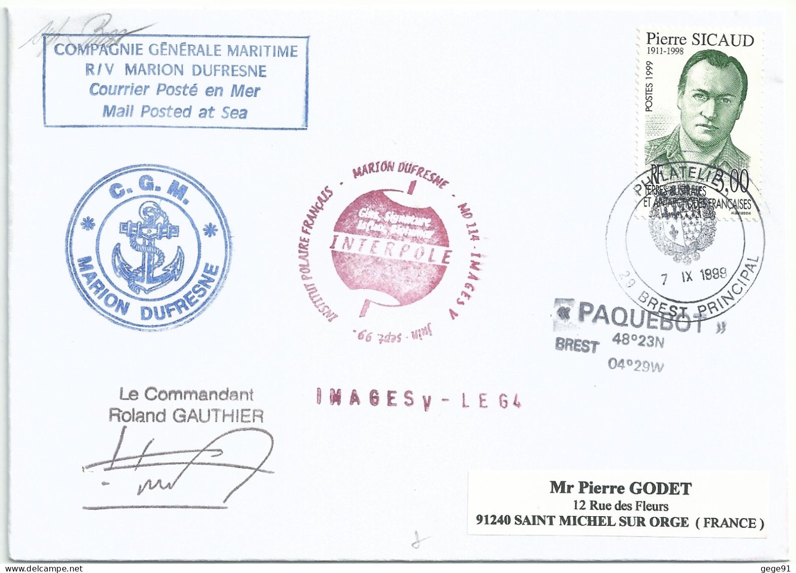 YT 238 Pierre Sicaud Gouverneur De La France D'Outre-mer - Posté à Bord Du MD - Escale à Brest - 07/09/1989 - Lettres & Documents