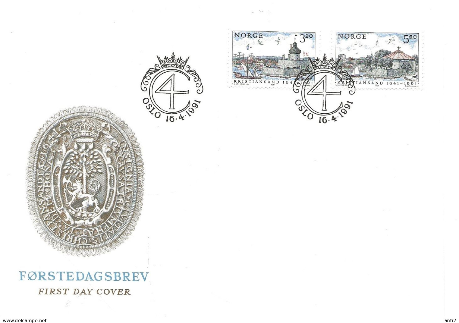 Norge Norway 1991  350th Anniversary Of The City Of Kristiansand  Mi 1064-1065 FDC - FDC