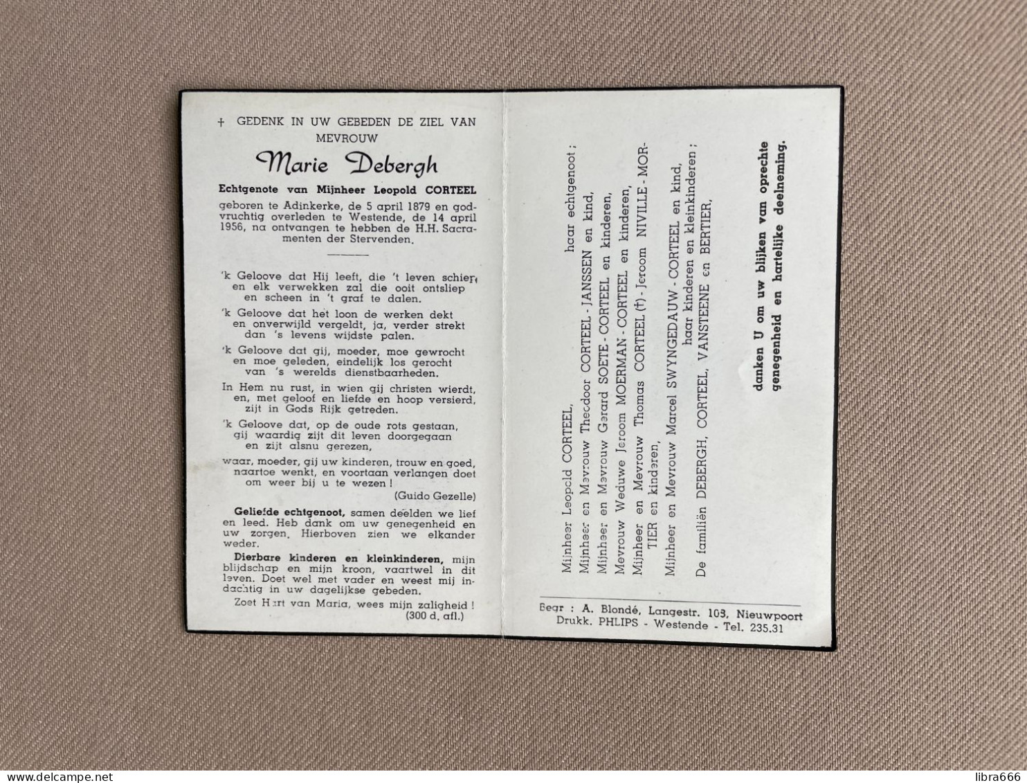 DEBERGH Marie °ADINKERKE 1879 +WESTENDE 1956 - CORTEEL - VANSTEENE - BERTIER - JANSSEN - SOETE - MOERMAN - NIVILLE - Obituary Notices