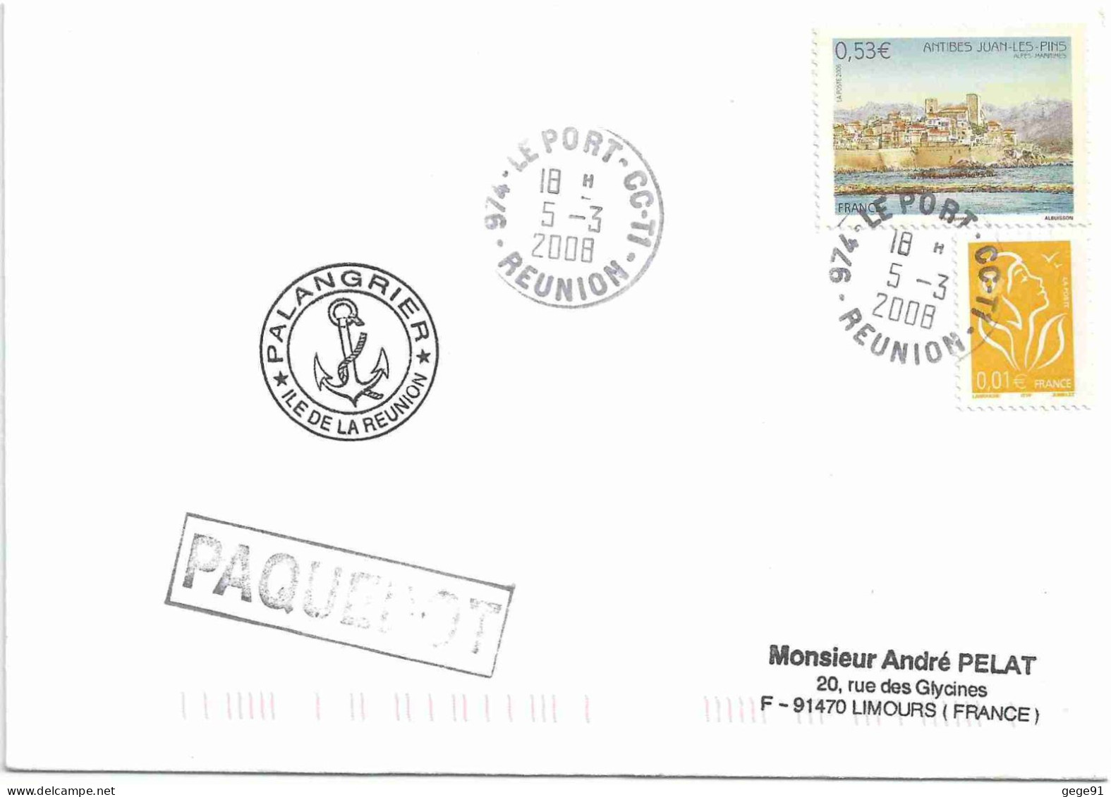 YT 3940 Antibes Juan Les Pins - Posté à Bord Du Palangrier Ile De La Réunion - Paquebot - Le Port CCT1 - 05/03/2008 - Lettres & Documents