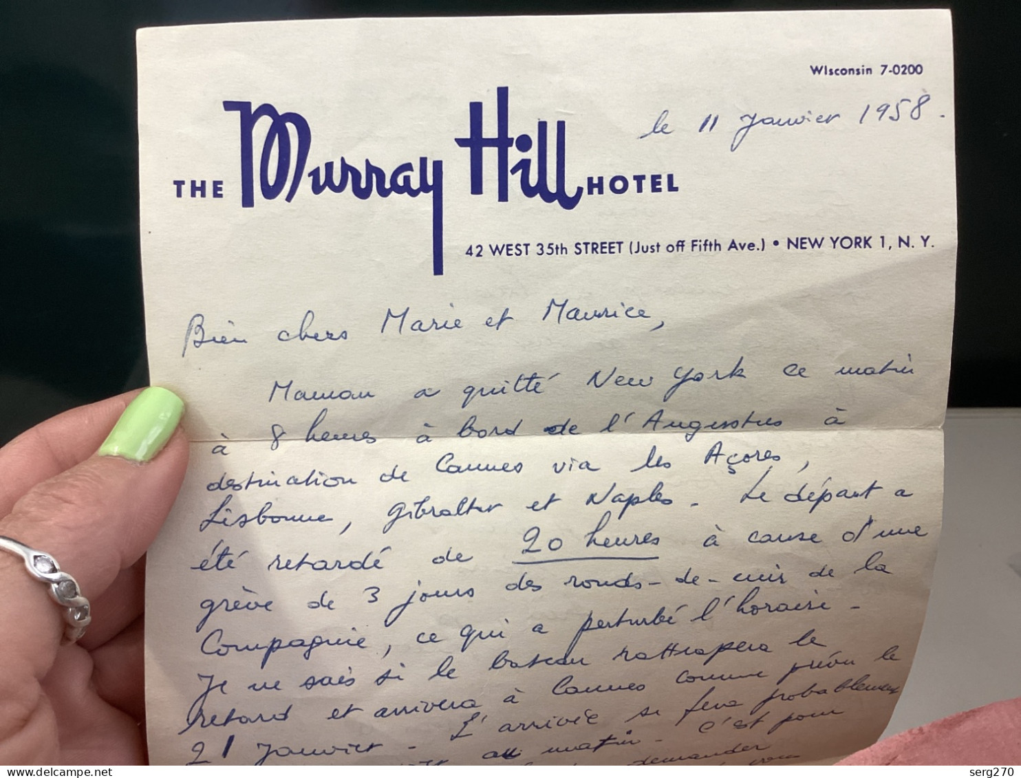 Lettre Manuscrite, , En-tête D’hôtel Thé MURRAY HILL 1978 Wisconsin New York 42 WEST 35th STREET (Just Off Fifth Ave.) • - Manuscritos